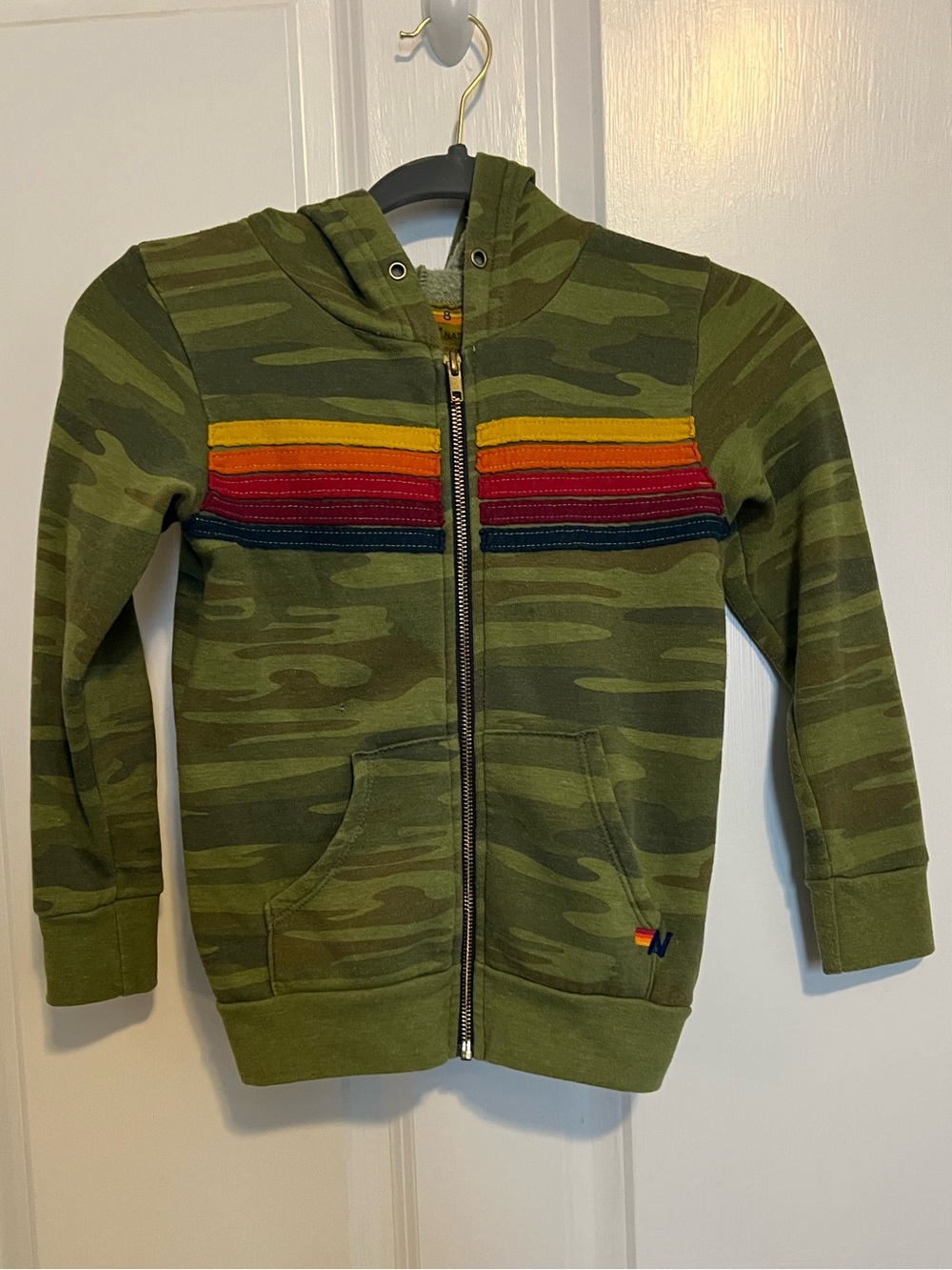 Aviator Nation Unisex Kid Camo 5 Stripe Hoodie Jacket Size 8 Flaw adds Character